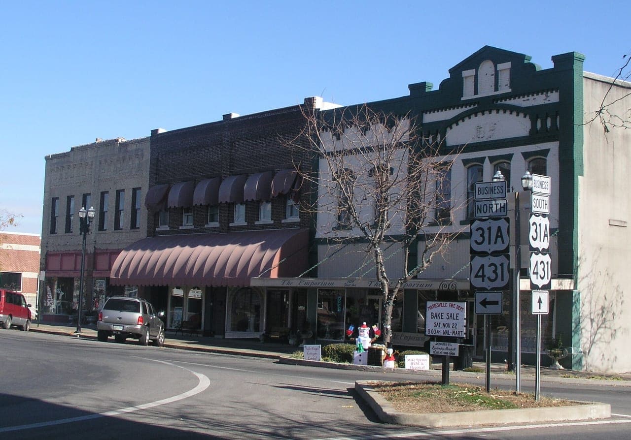 Historic storefronts on the Lewisburg town square in Marshall County, Tennessee
