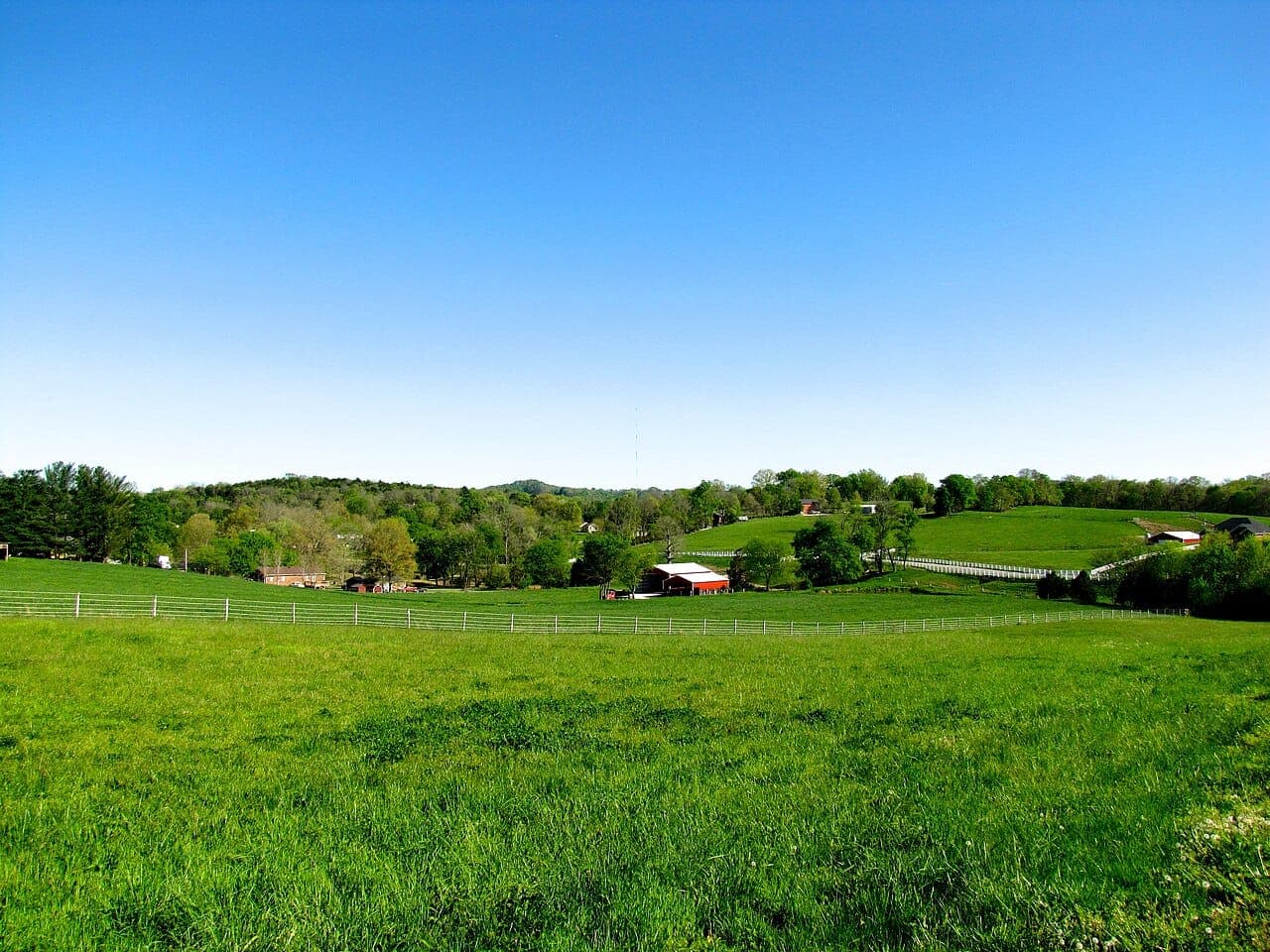 Green Tennessee pastures with a red barn and treeline under a blue sky